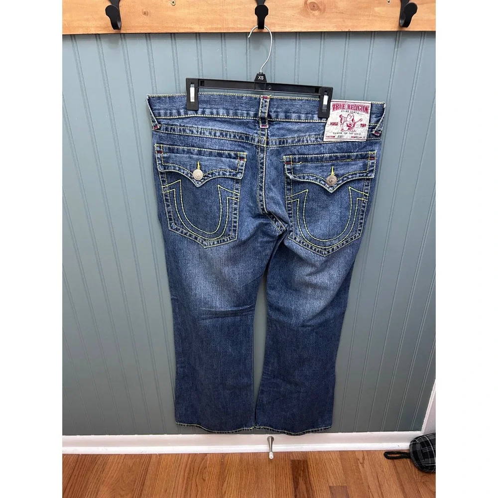 True Religion Bobby Mens Blue Jeans Yellow Contrast Thick Stitch Straight 40x34
